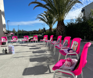 pink chairs set up outdoors with nice scenery for a pamper party