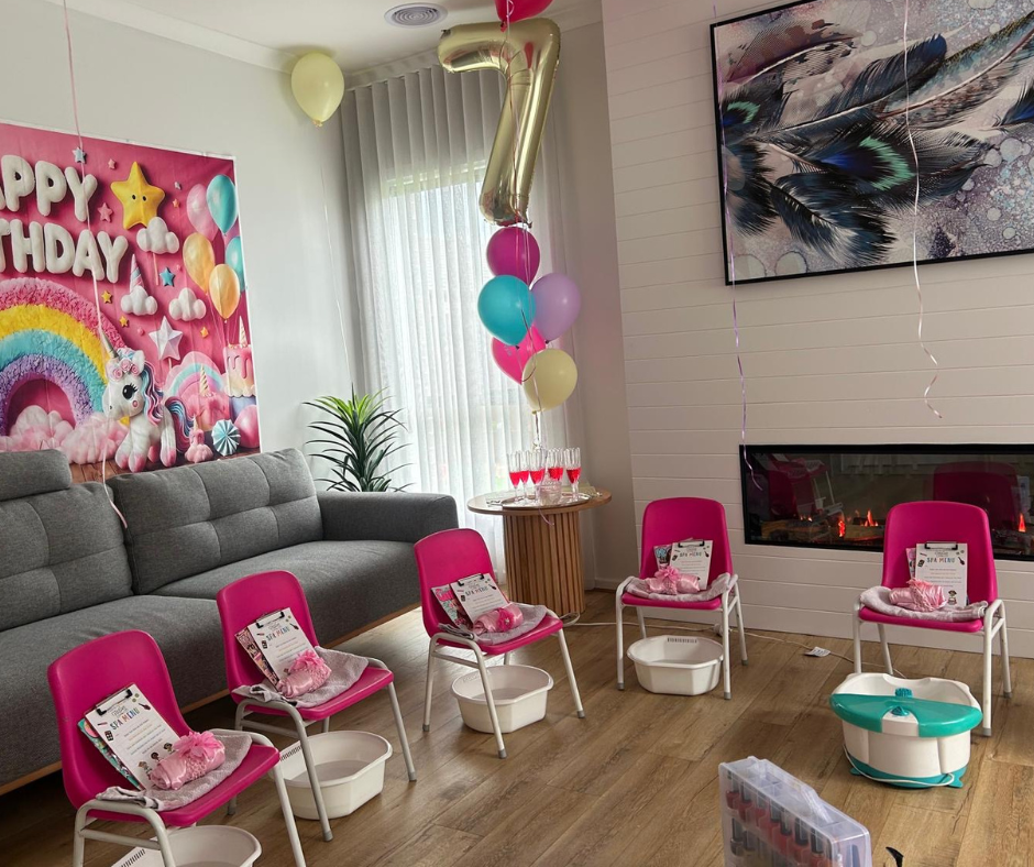 pamper party setup for a 7th birthday party