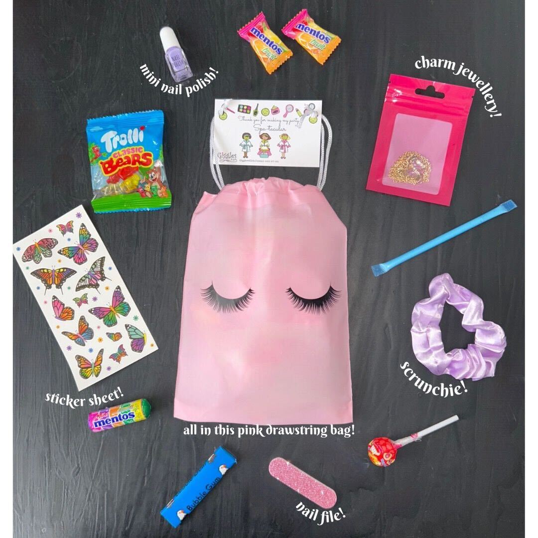pink party bag contents inclue sticker, candies, nail polish, hair tie